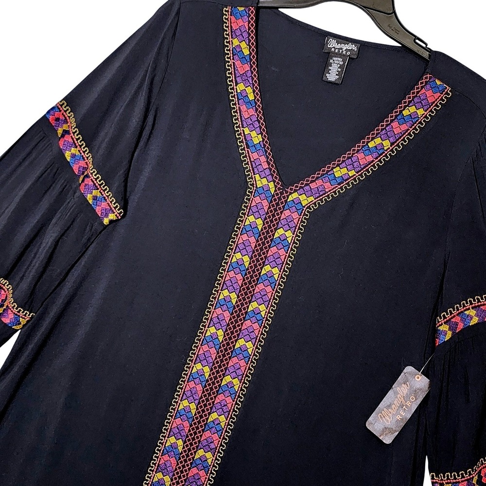 Wrangler Retro Embroidered Tunic Dress Womens XL Navy Blue V-Neck Western Boho
